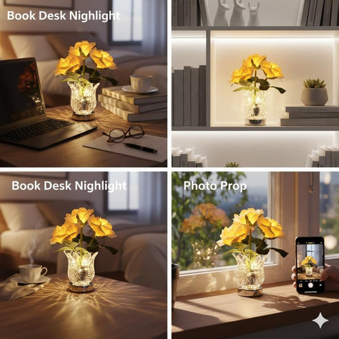 Generic Light,3-Color Dimmable,Romantic Romantic Pink Rose Crystal Table Lamp,Rechargeable LED Color Changing Flower