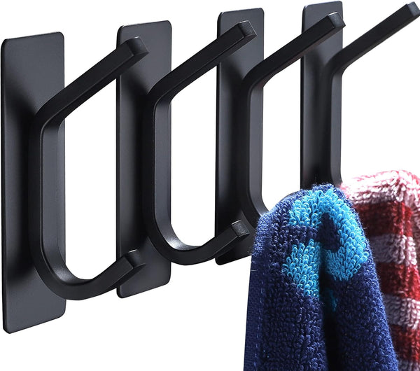 YIGII Towel Hook/Adhesive Hooks, Black Wall Hooks for Bathroom and Kitchen, Heavy Duty 4-Pack