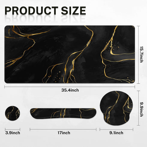 Britimes Set 4in1 35.4x15.7 inches Black Gold Marble Keyboard Mouse Pad Large Mousepad+Keyboard Wrist Rest+Mouse Wrist
