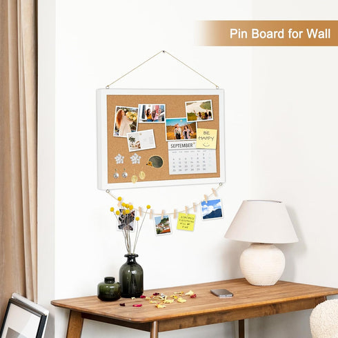 Double-Sided Cork Board for Wall, 16" x 12" Hanging Wood Framed Bulletin Board, Picture Display for School Office
