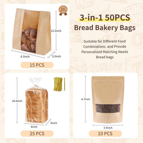 Bpole 3-in-1 50pcs Bread Loaf Bags for Homemade Bread - Bakery Paper Plastic Bags for Homemade Sourdough Bread