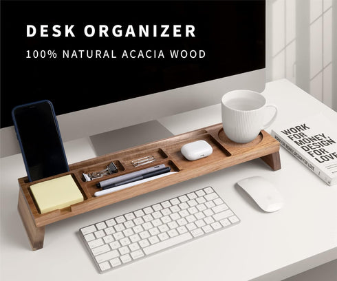 Natural Wood Desk Organizer - Multi-Compartment Wooden Caddy for Home, Office, Cubicle Accessories - Pencil Storage Tray