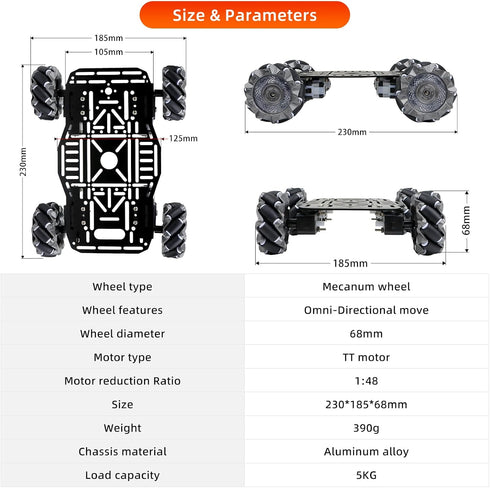 4WD 68mm Omnidirectional Robot Car Chassis Kit with Mecanum Wheels, TT Motor, Aluminum Alloy Metal Platform