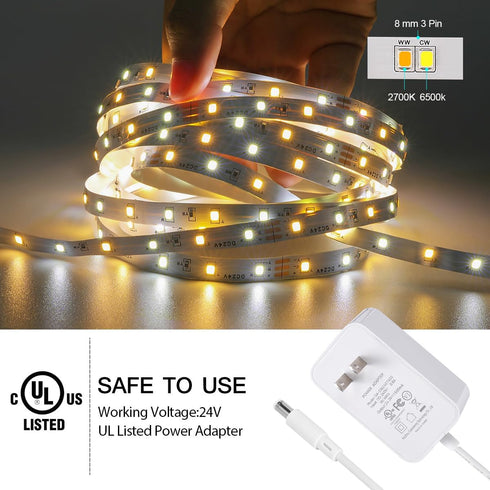 Wefomey 100ft Dimmable 24V 2700K-6500K 1800 (2 50ft) White LED Strip Lights, Bright Led Tape Light with Remote and App