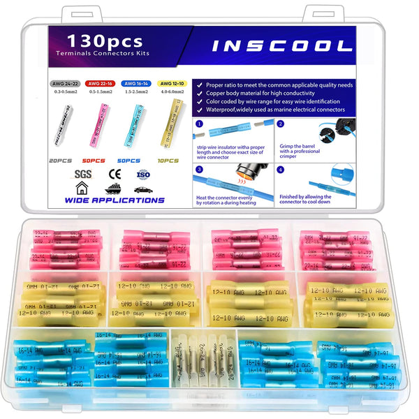 130pcs Heat Shrink Butt Connector, Waterproof Crimp Electrical Wire Connector for Automotive and Marine
