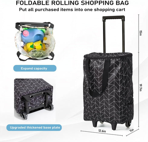 BELLPO Small Shopping Cart with Wheels, Rolling Shopping Bag, Collapsible Grocery Cart, Portable Foldable Shopping