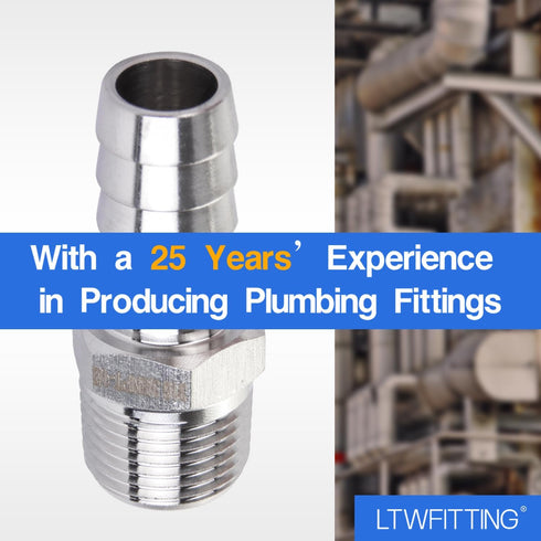 LTWFITTING Bar Production Stainless Steel 316 Barb Fitting Coupler/Connector 1/2" Hose ID x 3/8" Male NPT (Pack of 5)