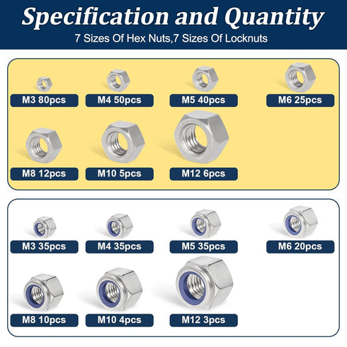 Vifmy Kit(360Pcs)M3 M4 M5 M6 M8 M10 M12 Sets,Bright Metric Hex Nuts&Locknuts Assortment Stainless Steel Assorted Hex