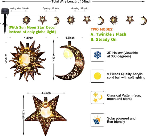 13Ft 153In Beautyard Solar String Lights Outdoor Star Moon Sun Led Solar Powered Decorative Lights for Garden Patio