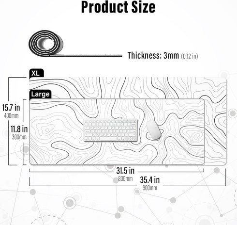 Ovenbird Large Gaming Mouse Pad: Minimalist Topographic Map Desk Mat, Extended XL Anti-Slip Base, 35.4 x 15.7 in, White