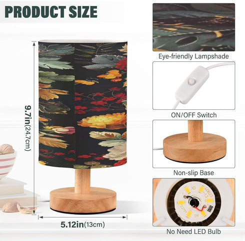 YANENDIE Traditional Ethnic Flowers Bedside Table Lamp, Nightstand Lamp with Linen Fabric Shade - Wooden LED Desk Lamps