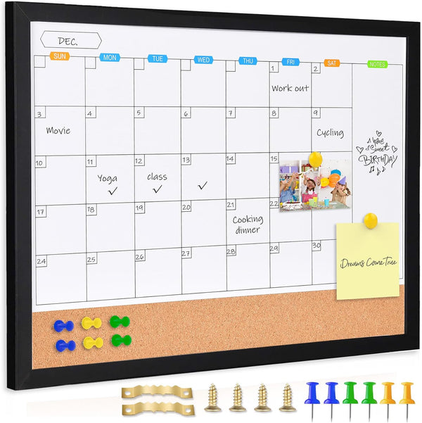 Monthly Whiteboard Calendar with Cork Board for Wall, 17"x13", Magnetic Dry Erase Board with Black Wood Frame