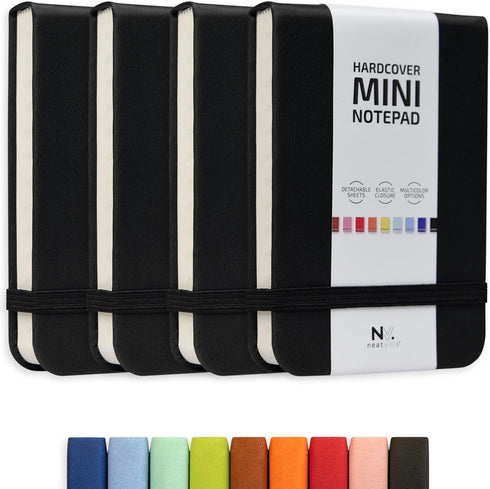 Tiny Notebook, 3x4 Small Notepad, A7 Leather Hardcover Mini Notebook, 4 Pack with Elastic Band, Black Pocket Notebooks