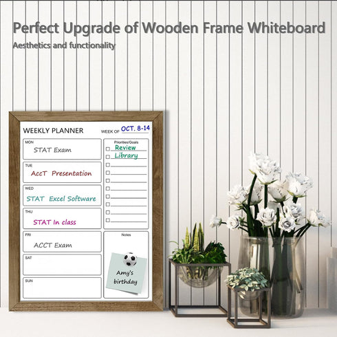 Magnetic Dry Erase White Board Weekly Calendar Board, 13“x17" Solid Wood Rustic Brown Framed Planner for Office, Home,