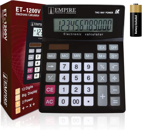 Empire Desk Calculator, 12 Digits, Large Key Buttons, Eye-Angled Display, Solar and Battery Powered for Home and Office