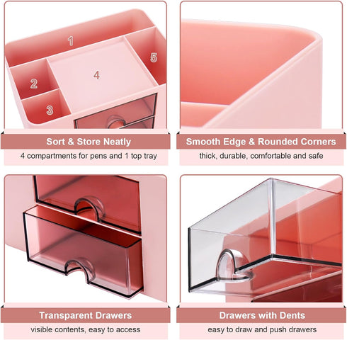 Pink Plastic Pen Organizer, Multifunctional Desktop Organizer with 2 Drawers and 4 Compartments