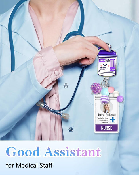 Besoar Nurse Badge Reel Retractable - Cute Sani Wipes Badge Reel Nursing, Beadable Badge Holder with Alligator Clip