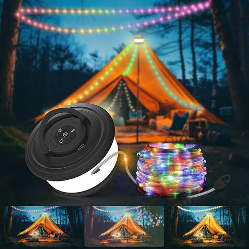 3 1 19 30s 32.8 TOHETO Camping String Lights, in Upgraded Retractable RGB Outdoor String Lights with Lighting Modes