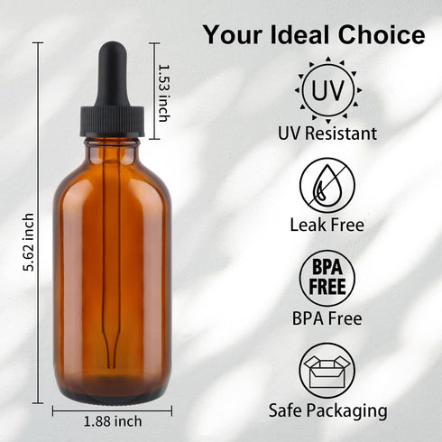 42 Pack 4oz Amber Glass Bottles with Glass Eye Droppers for Essential Oils, Perfumes, Lab Chemicals, Extras Included
