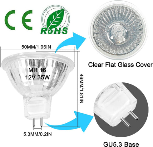 MR16 Halogen Bulb 35W Dimmable 12V GU5.3 Bi-pin Base Spotlight with Long Lifespan, 6 Pack MR16 Bulbs with Clear Glass Cover for Landscape Lights, Track Lights, Fiber Optics, 2700K Warm White by Lacnooe