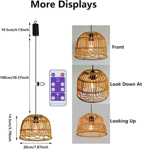 Bulb 4*AA Outdoor Pendant Light Chandelier for Gazebo Battery Operated Boho Hanging Lamp Handmade Rattan Decorative