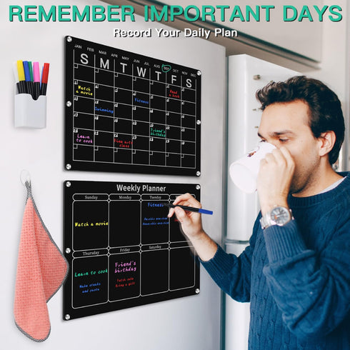 Magnetic Acrylic Monthly and Weekly Calendar for Fridge, Black Dry Erase Planning Board with 6 Colorful Markers and Pen