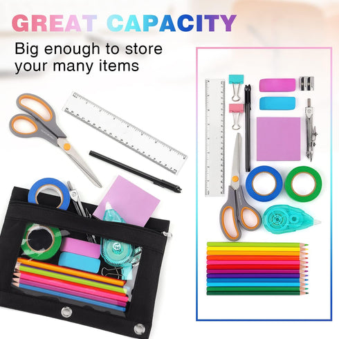 Tamaki Pencil Pouch for 3 Ring Binder, Clear Window Pencil Case, 3 Pack, Black