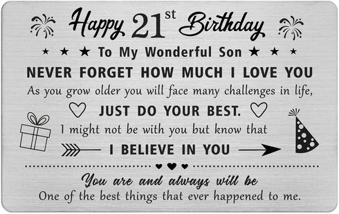 FALOGIJE 21st Birthday Card for Son, Gifts for 21 Year Old, Engraved Metal Wallet Card, Birthday Decorations for Him