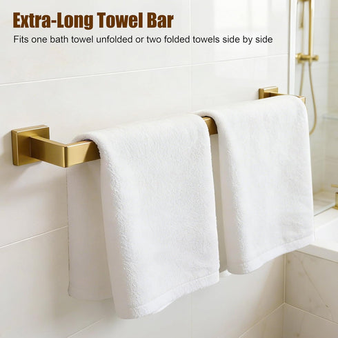 5-Pieces Set, 304 24.48 Inch Set Brushed Gold Bathroom Hardware SUS Stainless Steel Square Towel Bar with Towel Ring