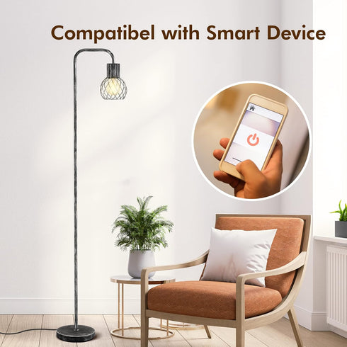 6W Bulb, Industrial Floor Lamp, Antique Silver Standing Lamp Modern with LED Foot Switch, Metal Tall Lamps for Living