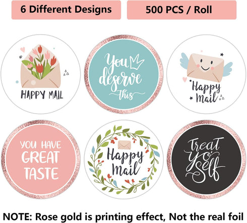 Happy Mail Small Business Stickers - 500 per Roll, 6 Chic Designs for Packages and Online Shop Owners