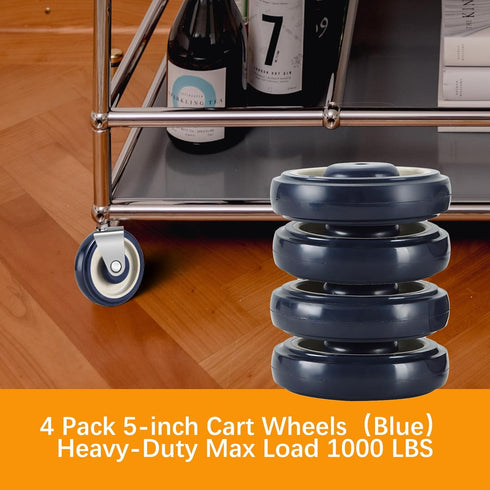 4 Pack 5-inch Shopping Cart Replacement Wheels Kit Diameter Wheels with Axles Bolt, Polyurethane Stepped and Full Tread