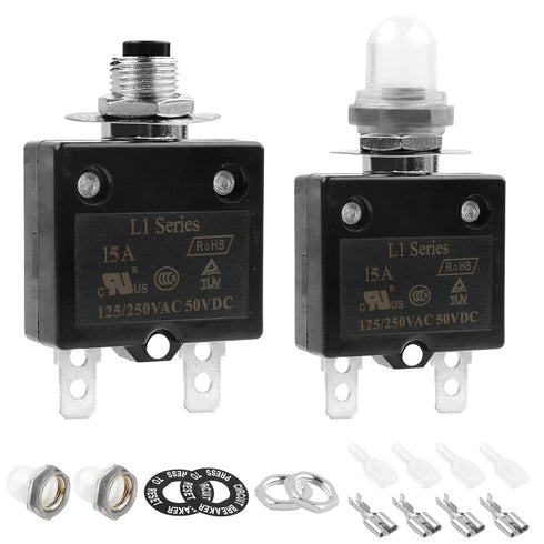 10A Manual Reset Button Circuit Breaker, 2 Pack, 125/250V AC, 50V DC, Thermal Overload Protector