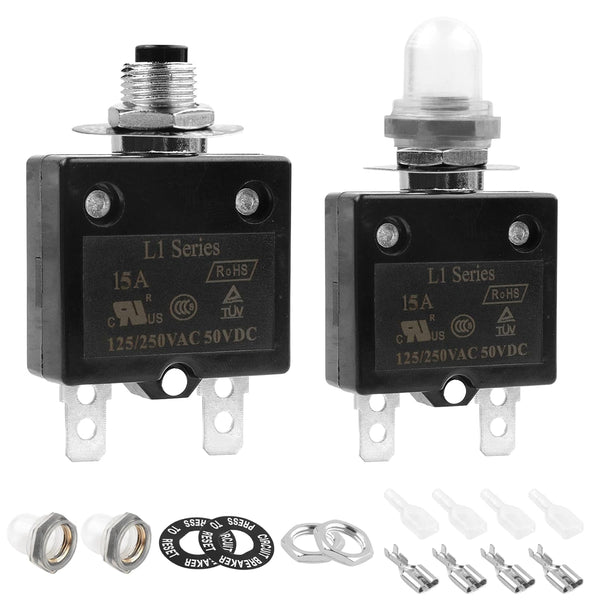 10A Manual Reset Button Circuit Breaker, 2 Pack, 125/250V AC, 50V DC, Thermal Overload Protector