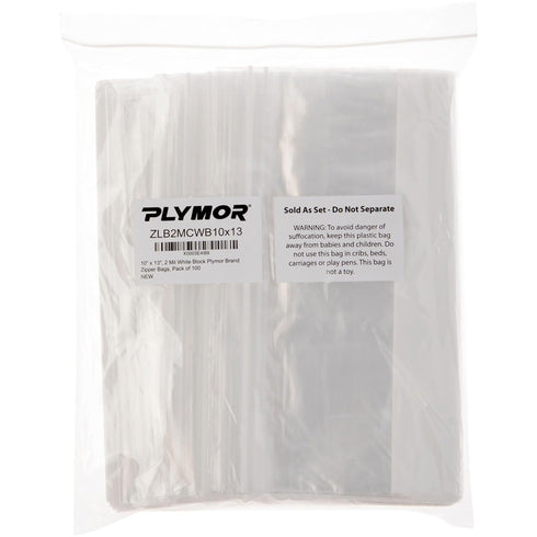 Plymor 10" x 13" Reclosable Plastic Bags, 2 Mil, Pack of 100, White-Block Zipper