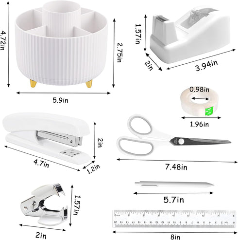 Office Desk Accessories, White 360° Pen Holder Desk Organizers with Tape Dispenser, Stapler, Remover, Staples, Ruler,