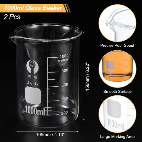 PATIKIL 1000ml Low Form Glass Beaker, 2 Pack 3.3 Borosilicate Glass Measuring Cups with Spout