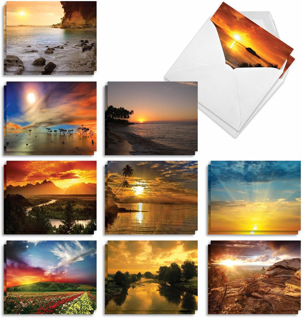 The Best Card Company - 20 Blank Landscape Nature Note Cards (4 x 5.12 Inch) - Sun Settings (10 Designs, 2 Each)