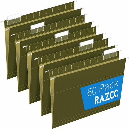 RAZCC 60 Pack Hanging File Folders: Reinforced Letter Size, Designed for Bulky Files, Filing Cabinet, Adjustable Tabs,