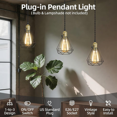1-to-3 E26/E27 Vintage Plug-in Pendant Light Kit with Hanging Sockets, Industrial Hanging Light with Individual Rotary