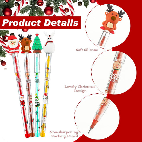 Qilery 24 Pcs Christmas Pencils, Assorted Multi Point Stackable Push Pencil, Xmas Party Favors