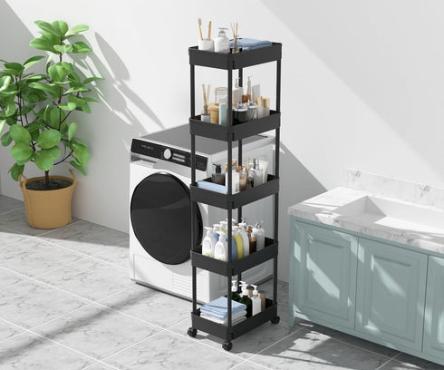 5-Tier Sooyee Plastic Rolling Utility Cart with Wheels, Multi-Functional Storage Trolley for Office, Living Room