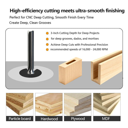 3" 1/2" 2-Flute Extra Long Straight Plunge Router Bit Shank, Carbide-Tipped Bit for Deep Wood Grooving, Slotting & CNC