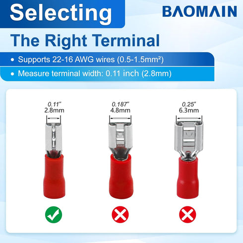Baomain 0.11" Female Quick Disconnect Spade Terminals, Insulated Crimp Connectors 22-16 AWG, Red (100-Pack)