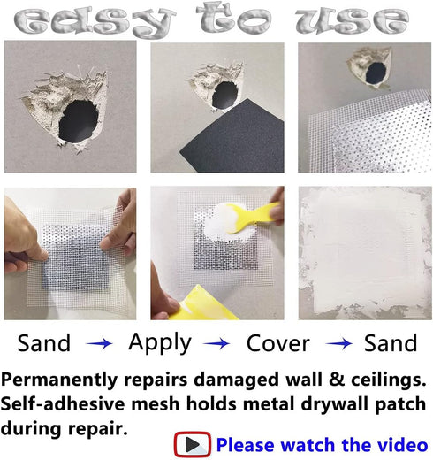 Drywall Repair Patch, Wall Patch Repair Kit, Self Adhesive Wall Mesh Repair, Large Hole Patch for Drywall, Sheet Rock Patch, Aluminum Sheetrock Ceiling Dry Wall Patch and Grit Sandpaper Scraper