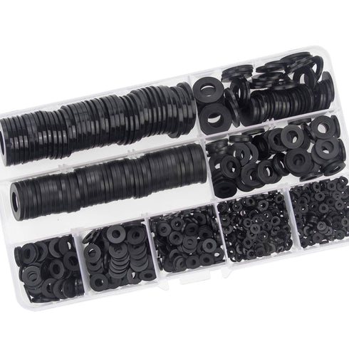 Nylon Flat Washer Assortment Set, 600 Pieces in 9 Sizes - M2 to M12, Black