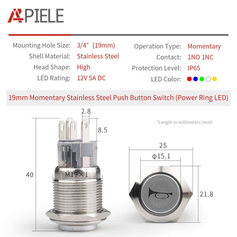 APIELE 19mm 12V Momentary Speaker Horn Push Button Toggle Switch with Pre-Wiring Socket for Car Auto Motor (Blue)