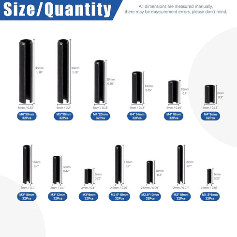 Glarks 416Pcs M1.5 M2 M2.5 M3 M4 M5 M6 Black Roll Pin Assortment Set