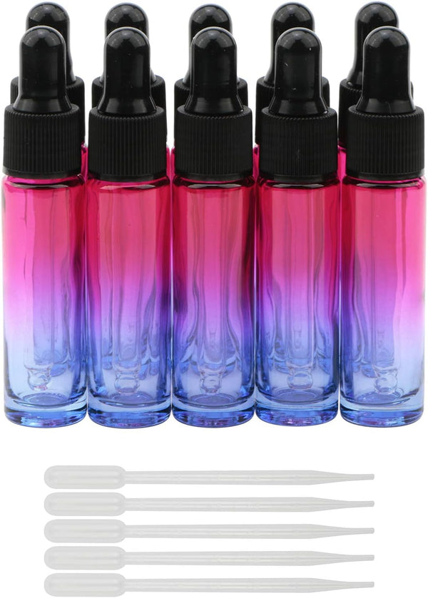 10Pcs Dropper Bottles Set, 10ml Rose Blue Gradient Glass with 5ml Plastic Droppers for Essential Oils
