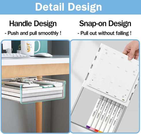 Large Under Desk Table Drawer Storage Organizer A4, Hidden Self-Adhesive Pencil Tray Drawer for Office - Clear White